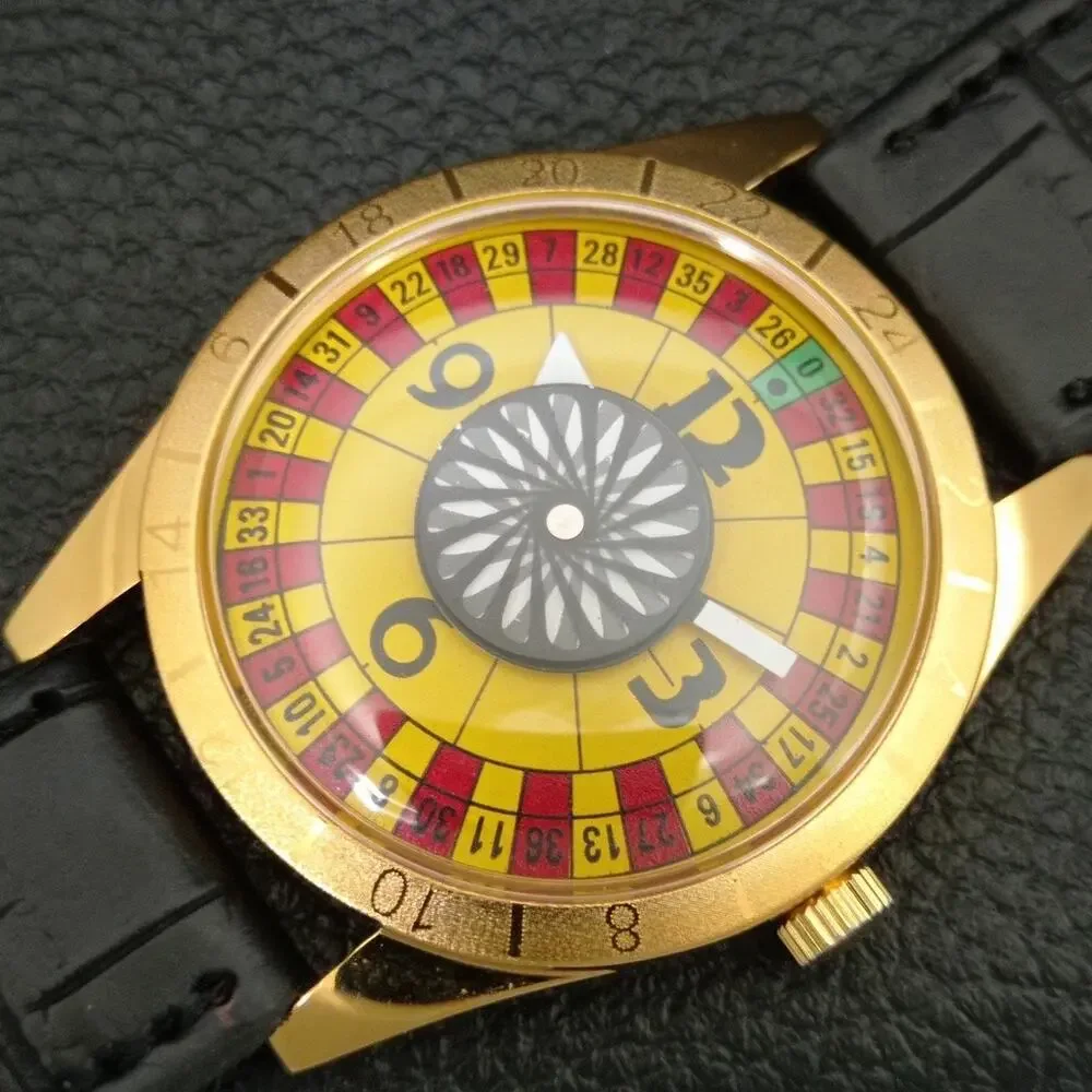 Vintage 1973 Roulette Manual Mens Gold Watch W/Leather Strap & Yellow accents